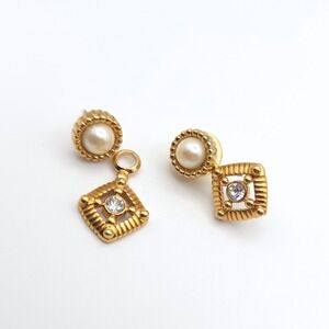 Vintage Gold Tone Faux Pearl Rhinestone Convertible Drop Earrings Geometric
